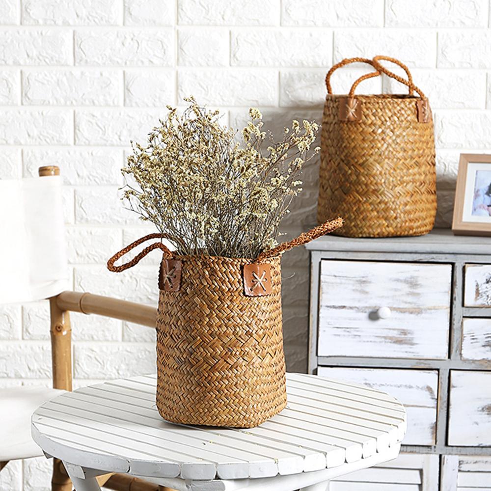 Seagrass Woven Storage Baskets Garden Flower Vase Hanging Basket Rattan Planter Potted Organizer Home Laundry Basket with Handle