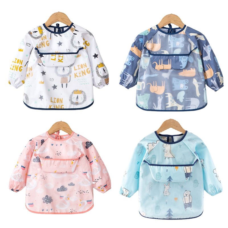 Baby Kids Toddler Long Sleeve Scarf Waterproof Art Smock Feeding Bib Apron Pocket Infant Boys Girls Burp Cloth Bandana Bibs