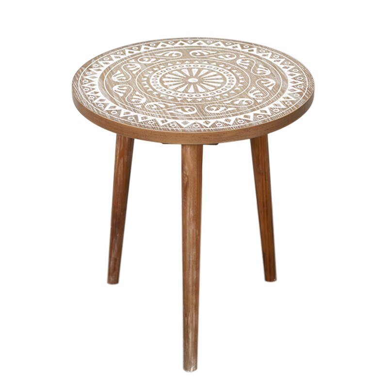 Moroccan Carved Style Round Side Table, Wooden End Table, Coffee Table,Nightstand/Small Tables for Living Room, Accent Tables