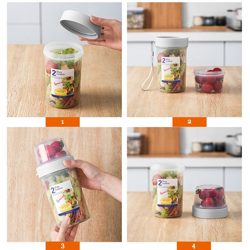 Double-decker Storage Box Portable Yogurt Salad Fruit Box Plastic Sealed Can Lunch Box Snack Nuts Food Supplement Box Kitchen
