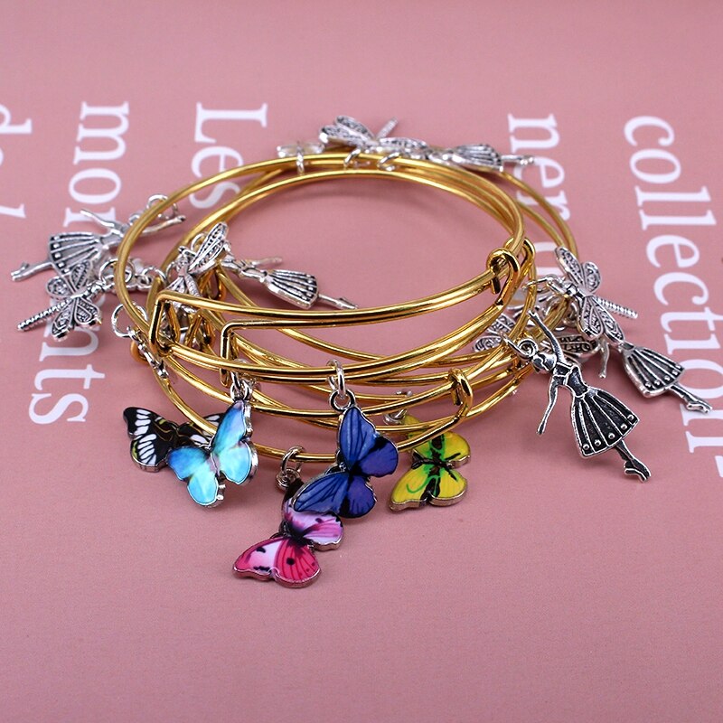 5Pcs Bangle Set Draad Armbanden Voor Vrouwen Meisjes Juwellen Vlinder Dragonfly Boog Bedels Armbanden Manchet Jewlery C044: E38 Antique Gold