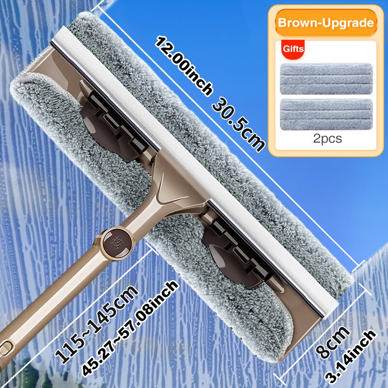 Cepillo de limpieza de mango largo, limpiador de ventanas, escurridor de vidrio, varilla telescópica, herramienta de limpieza de vidrio de doble cara para el hogar con paño: Large Coffee