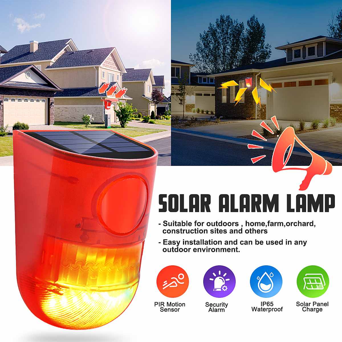 Solar Alarm Light Wireless IP65 Waterproof Motion Sensor Outdoor Garden Security Lamp Smart Fast for Safety Home Factory Garden