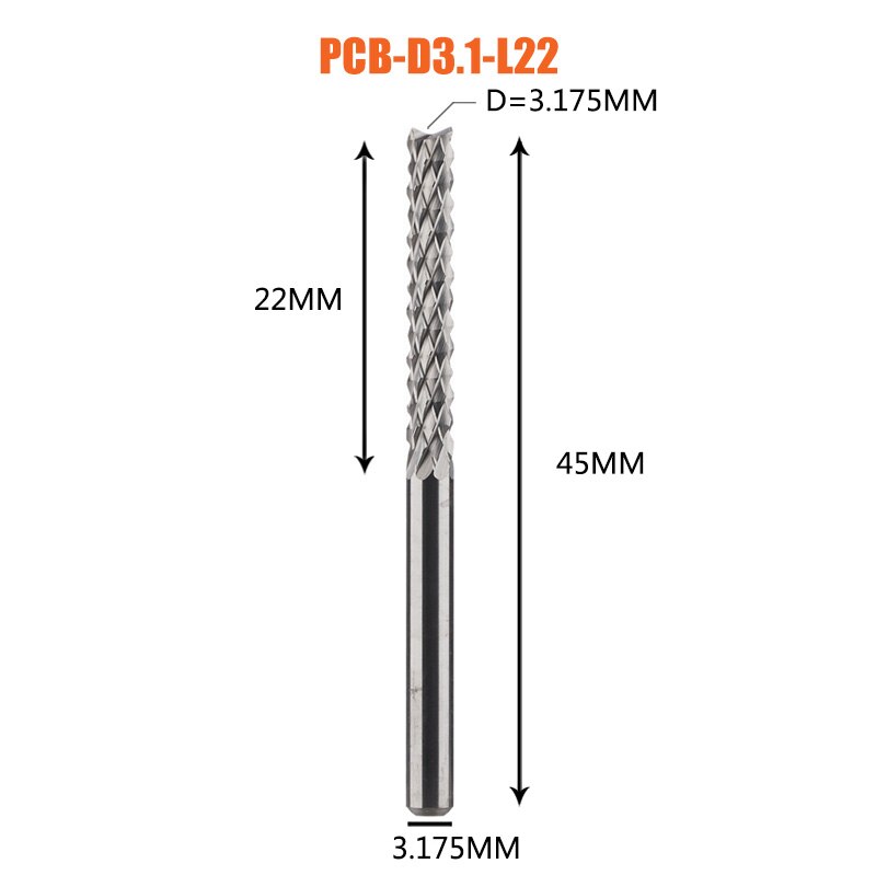Vhm Corn End Mill Frees Bits D0.8, 1.0, 1.6, 1.8, 2.4, 3.1 Pcb End Mill Cnc Snijden Frezen: 1pc-D3.1-22-D3.175