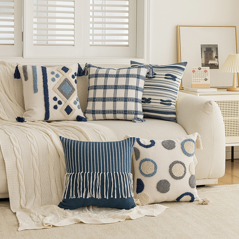 30X50/45x45CM Blue Plush Throw Pillow Cover Simple Geometry Living Room Sofa Cushion Waist Cover Plush Home Decor Cover