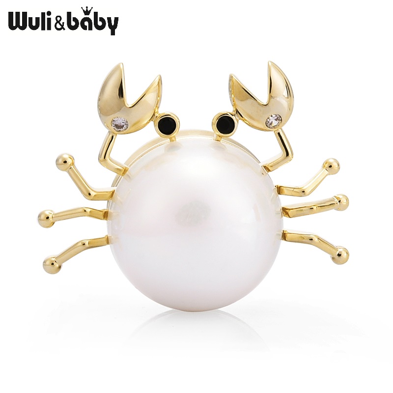 Wuli&baby Magnet Crab Brooches Cute Lovely Pearl Crab Animal Collar Brooch Pins
