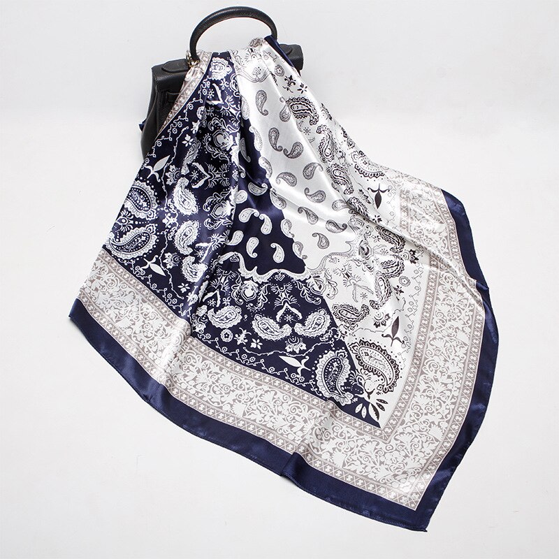 Paisley print sjaals en omslagdoeken dames haarsjaal halsdoek zijden satijnen hijab sjaals dames 90*90cm bandana hoofddoeken: Marine