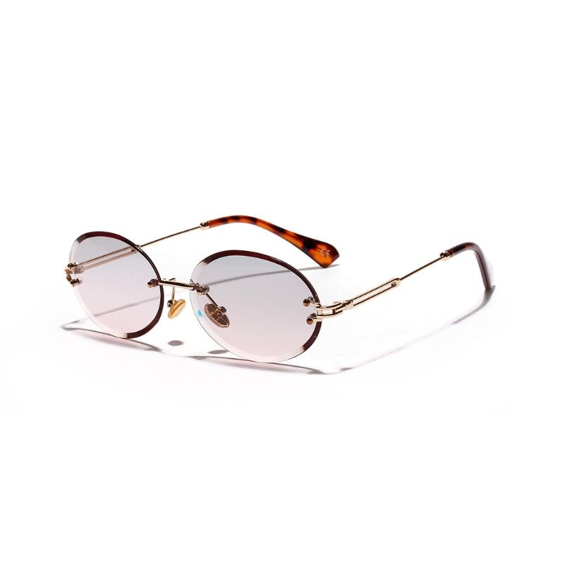 1 par diamantslebne retro ovale solbriller kvindelig krystal tekstur kantløse briller dame dekorativt tilbehør: Grå lyserød