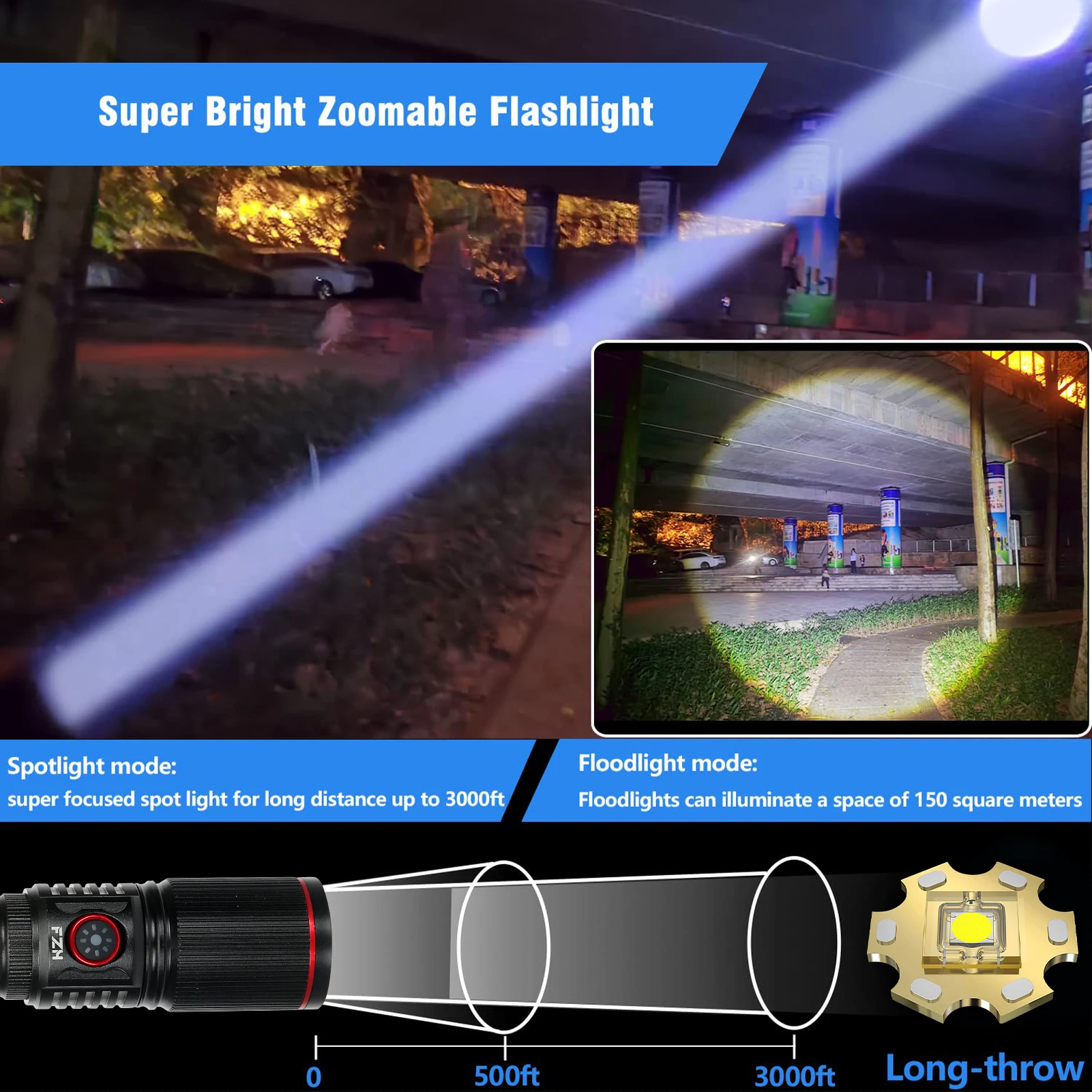 Aluminum Alloy 30W Super Powerful LEP Flashlight 18650 or 21700 Battery Zoom Torch Light Lamp with Tail Rope Power Indicator