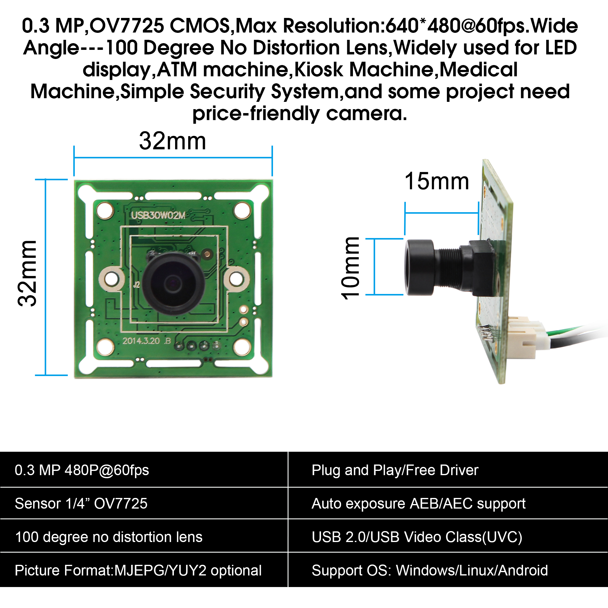 ELP 32*32/26*26mm Mini Camera Module High Speed 60fps Wide Angle 100degree M7 Lens VGA 640*480P OV7725 Small Size PC Camera