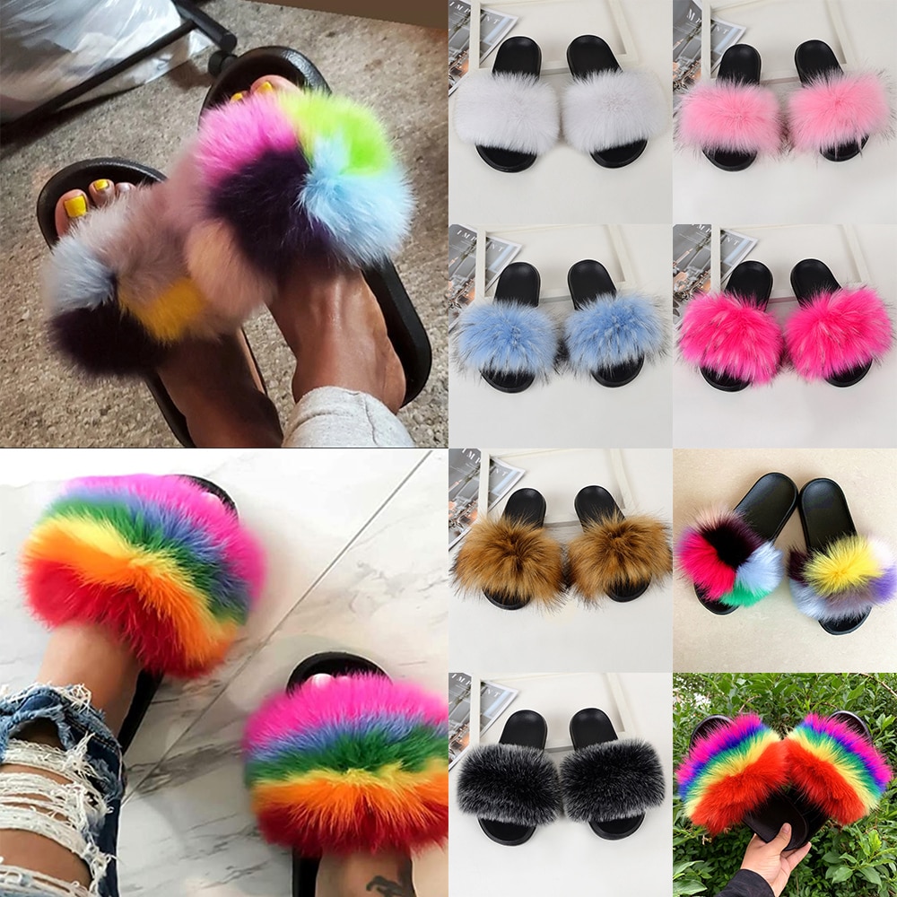 Imitatie Vossenbont Slippers Faux Furry Fluffy Slippers Vrouwen Slides Sandalen Indoor Schoenen Voor Vrouwelijke Slip Op Slippers d30
