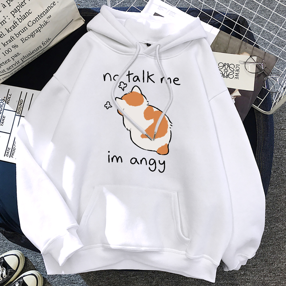 No Talk Me-Sudadera con capucha con estampado de gato enojado para mujer, sudaderas suaves de Hip Hop, jerséis de lana informales, ropa de calle de lana de gran tamaño para mujer