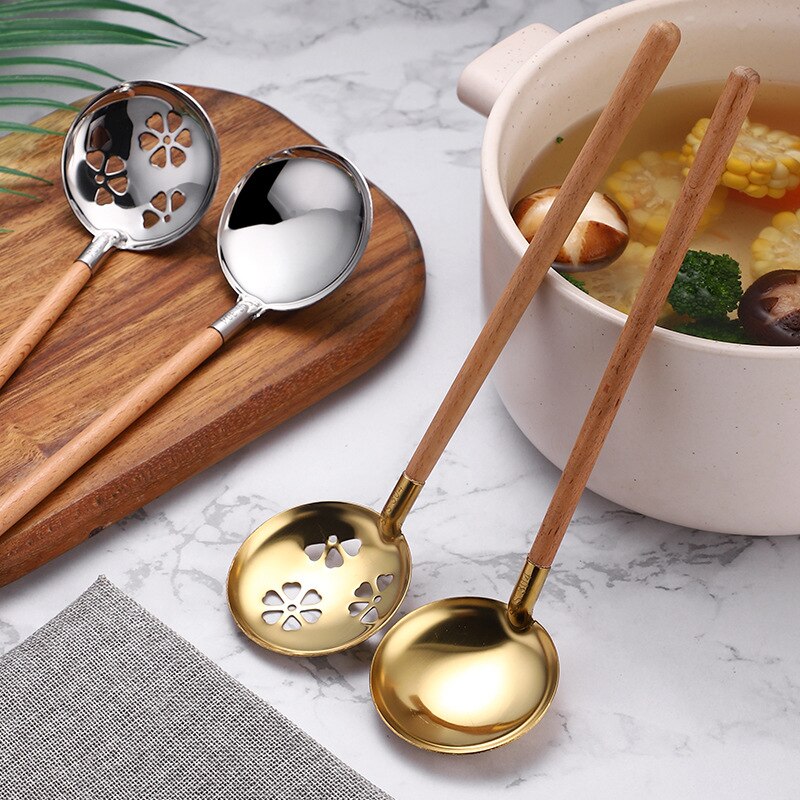 2PCS Stainless Steel Wooden Handle Spoon/Colander 26.7CM Pot Spoons Flatware Soup Drinking Tools Kitchen Gadget