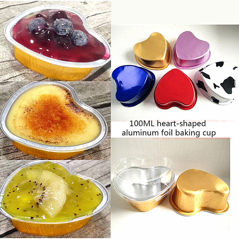 10Pcs Aluminum Foil Cake Pan Heart Shaped Cupcake Cup with Lids 3.4 Ounces Love Cake Cup Tin Foil Paper Cup Oven Cupcake Tool