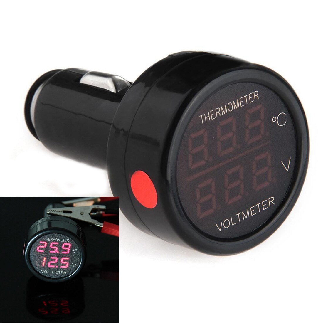 Universal 12V Car Digital Voltmeter Gauge Thermometer LED Cigarette Lighter Charger USB Charger Voltage Meter DC 8-40V: Red and Red Light