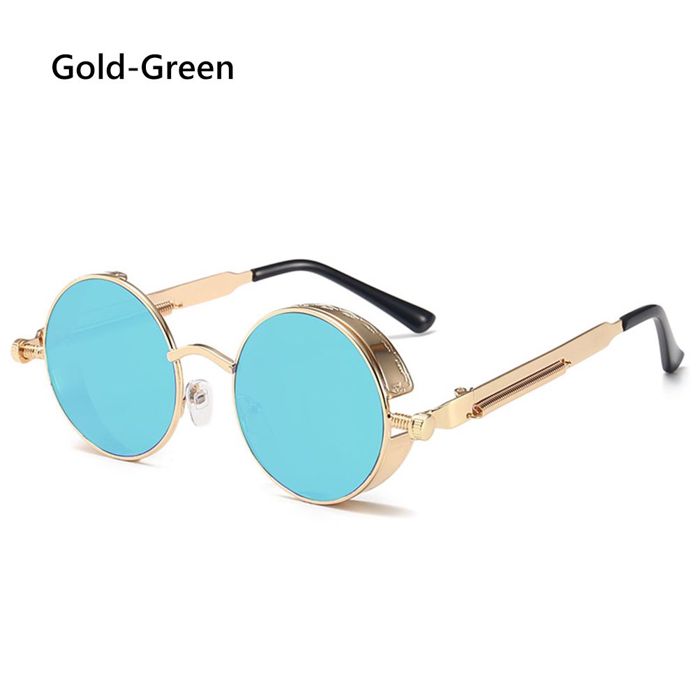 Steampunk Frauen Männer Runde Sonnenbrille Metallrahmen Brillen UV400 Schutz gotisch Jahrgang-Party Zubehör: Gold-Grün
