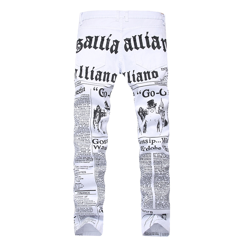 Pantalones vaqueros blancos de tendencia informal para hombre, Vaqueros rectos y delgados con estampado de periódico, elásticos
