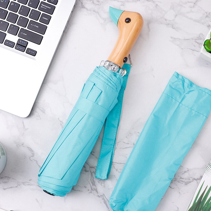 Cute Duck Head Umbrella Rain Women Automatic Windproof Sun Umbrella Men Three Fold Waterproof Travel Umbrella Parasol: Cyan