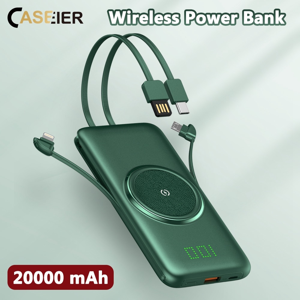 Caseier 20000Mah Draadloze Power Bank Met Kabel Voor Telefoon Onzichtbare Power Display Powerbank 10000Mah Draagbare Externe Batterij