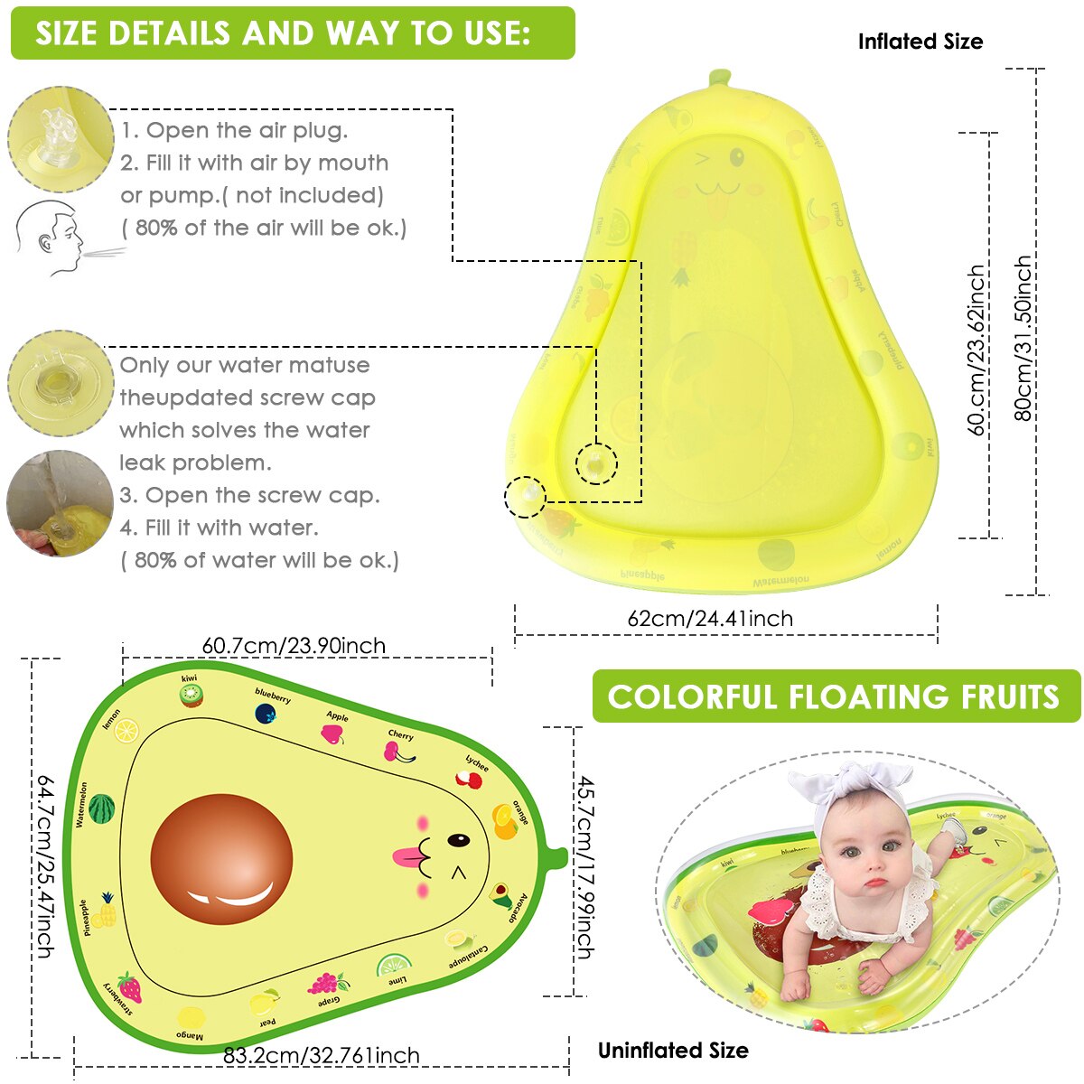 Avocado Shape Baby Water Mat W 6 Floating Toys Pool Rafts Infant Ride Baby Supplies Baby Care Infant Activity Play Mat