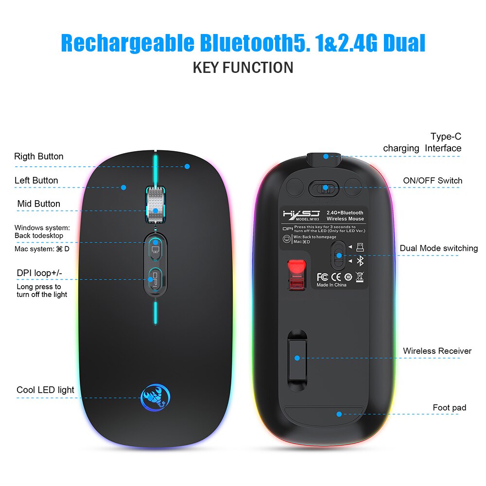 VicTsing-ratón inalámbrico recargable 2,4G, Mouse con Bluetooth V5.1, LED, delgado, con botón de inicio para ordenador portátil, PC, escritorio