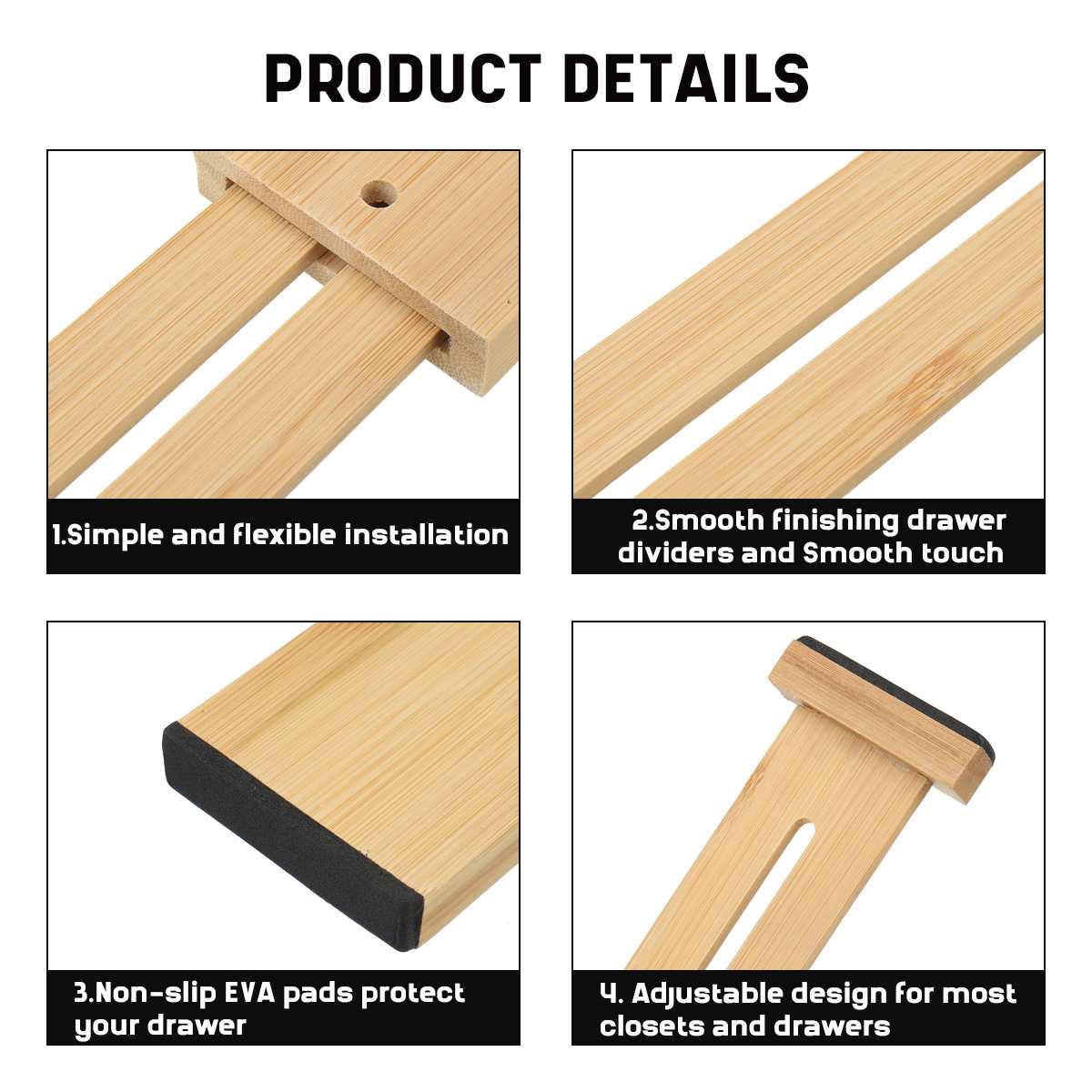 4pcs Adjustable Bamboo Drawer Dividers Wood Organizer Dividers Bedroom Baby Adjustable Bamboo Drawer Dividers for Underwear
