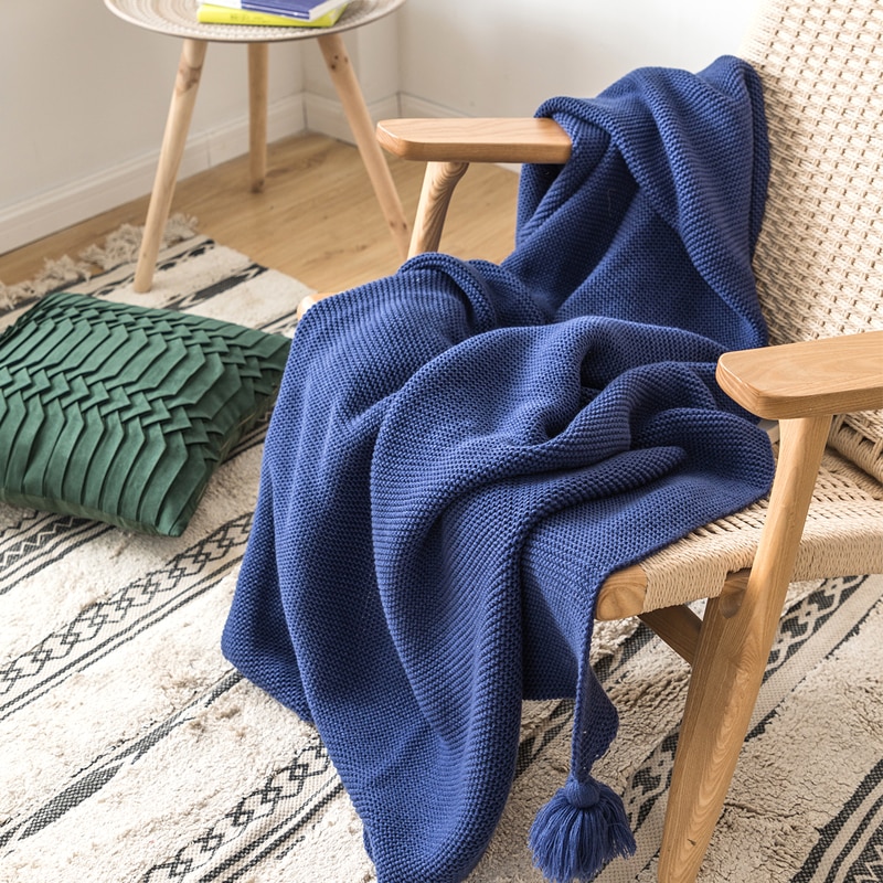 Kongeblå tæppe sofa strik kaste tæppe solid blød pompon kvaster tæppe rejse 130 x 160cm hjemmesofastol sovesofa 50 " x62 "