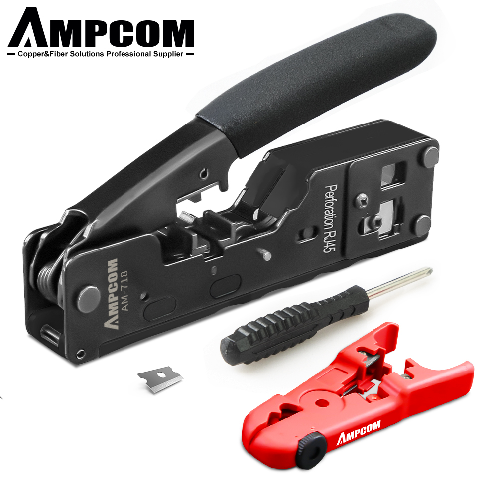 AMPCOM RJ45 RJ11 Pass Through Crimping Tool for Cat7/6A Cat6/5 Ethernet Modular Plugs Connectors With Stripper and Spare Blade: Black Set 1
