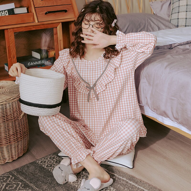 Women Cotton Sleepwear Set Cute Pink Turn-down Collar Pijama Sets Ladies Pyjamas Homewear Women Pajamas Plus Size