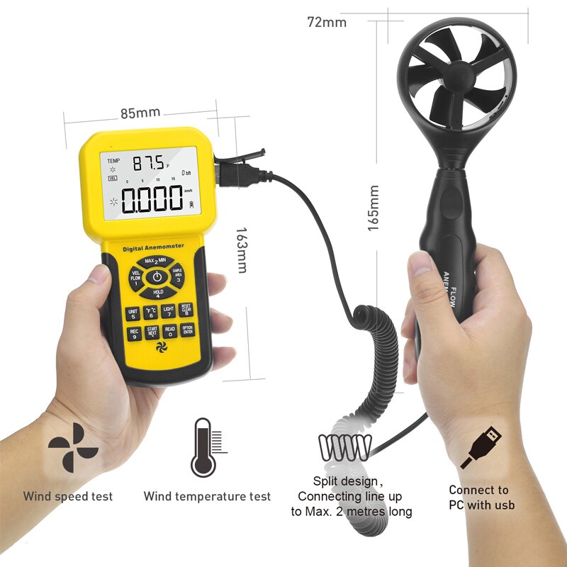 Bt -856a digitalt anemometer pro cfm måler vindhastighed vindgennemstrømning, vindtemp for hvac luftstrømshastighedsmåler med baggrundslys usb