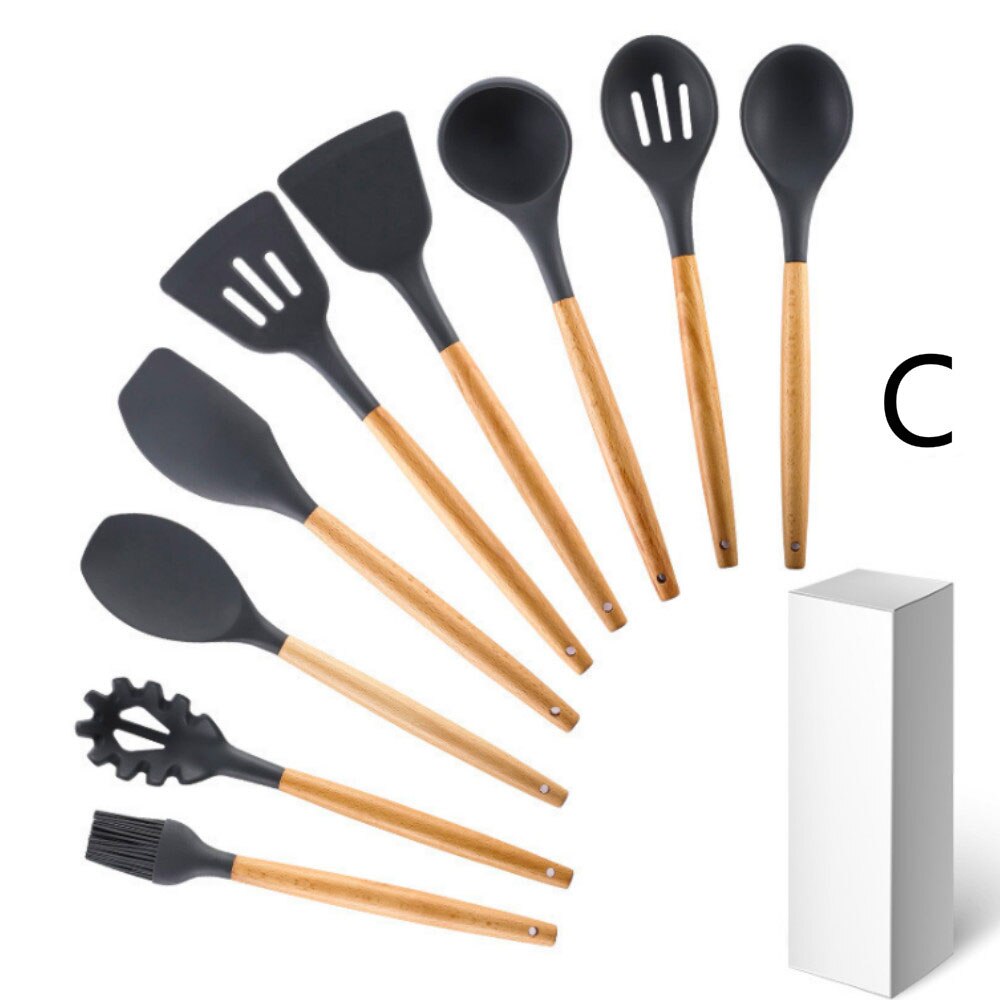 Set van 9 siliconen keukengereedschappen, spatel, spatel, kwast, eierklopper, kookgerei, keukengereedschapset: Set c roze