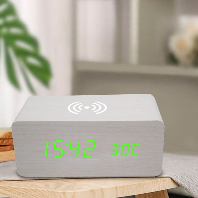 Wireless charging table clock digital alarm clock led decorative clock alarm clock table clock electronic clock with thermometer: White green