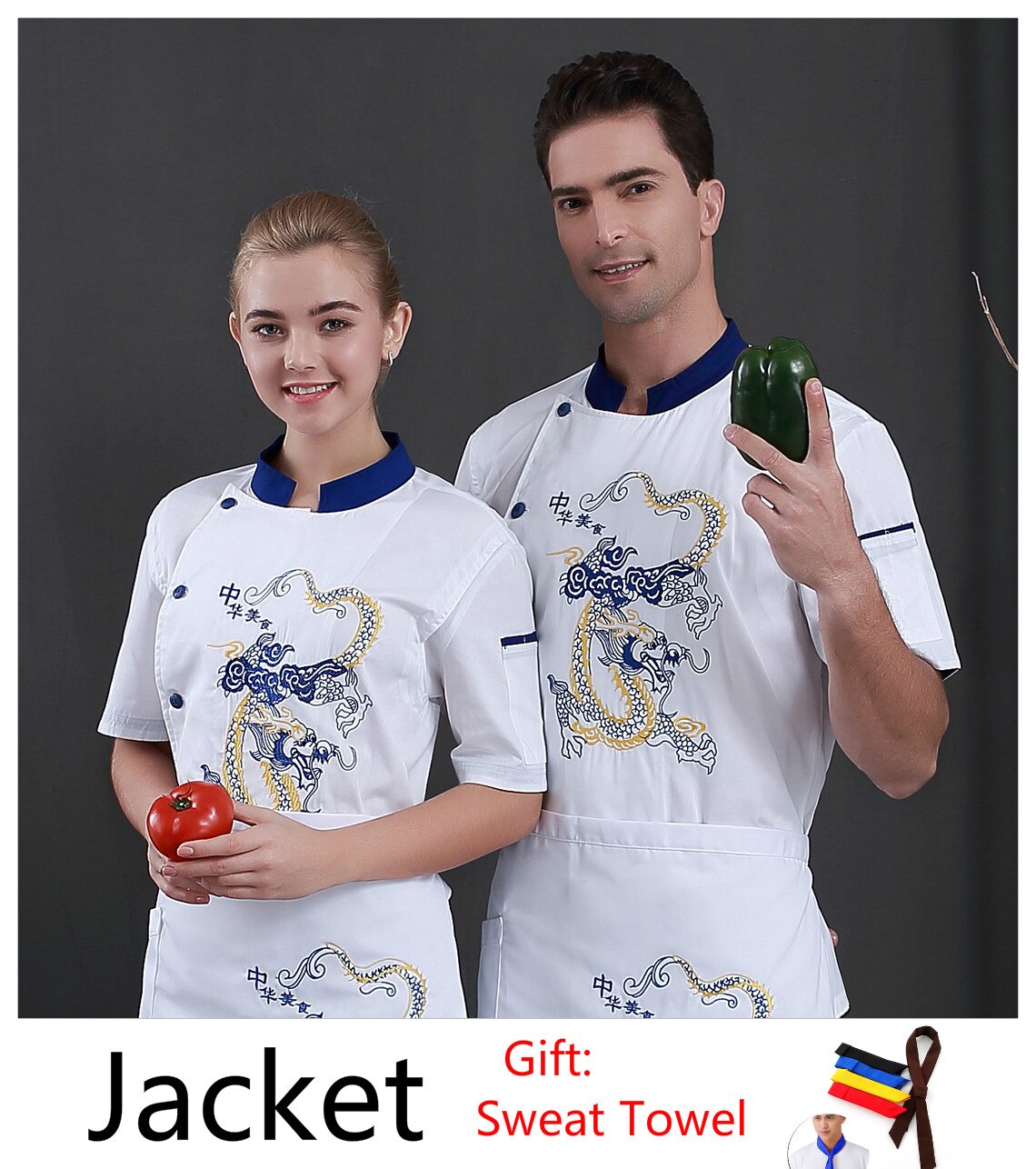 Cook Clothes Dragon Printed Chef Coat Short Sleeves Chef Uniform Bakery Waiter Work Uniform Catering Kitchens Tunic Overalls: White Chef Uniforms / M