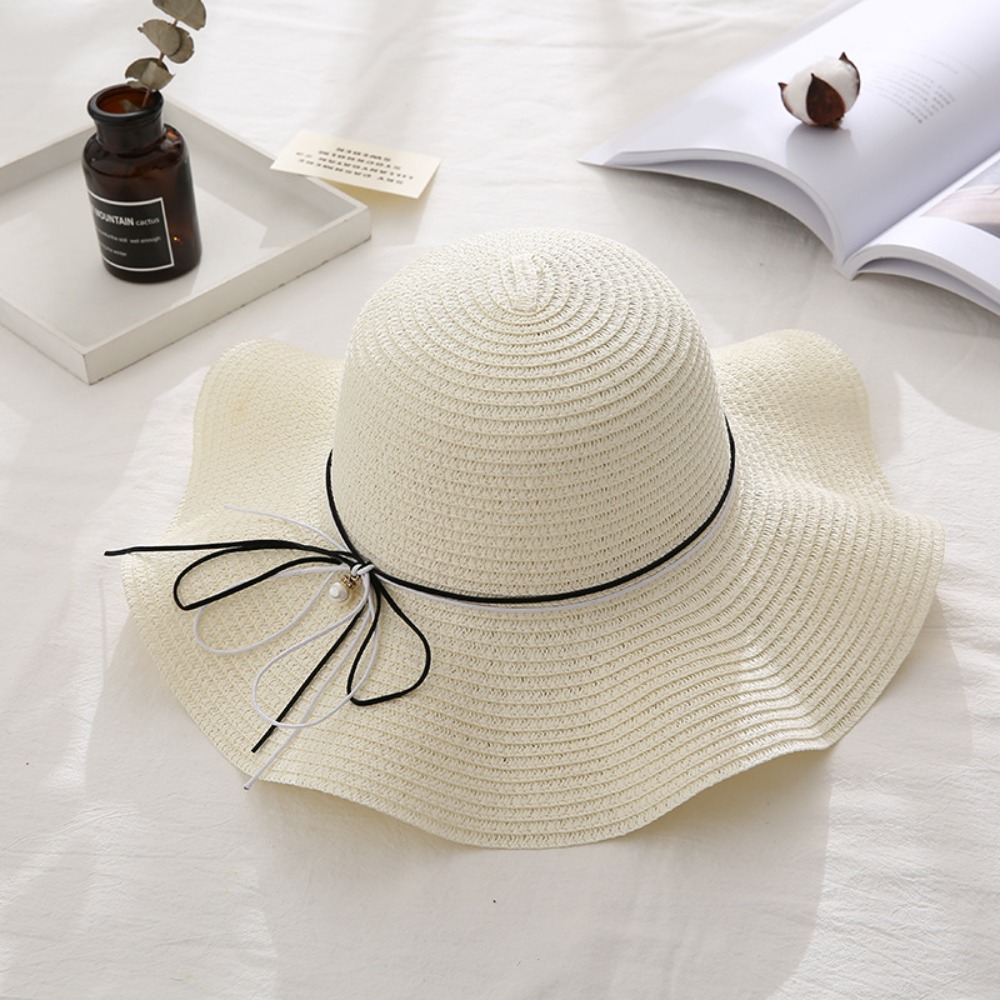 Trendy French Style Pearls Strap Straw Hat Wide Brim Beach Folding Straw Hats Spring Summer Travel Women's Sun Hat Girls: black