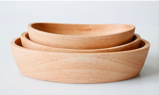 Boat Shape Serving Bowl for Fruits or Salad, Solid Oval Wooden Bowl: 1 SET