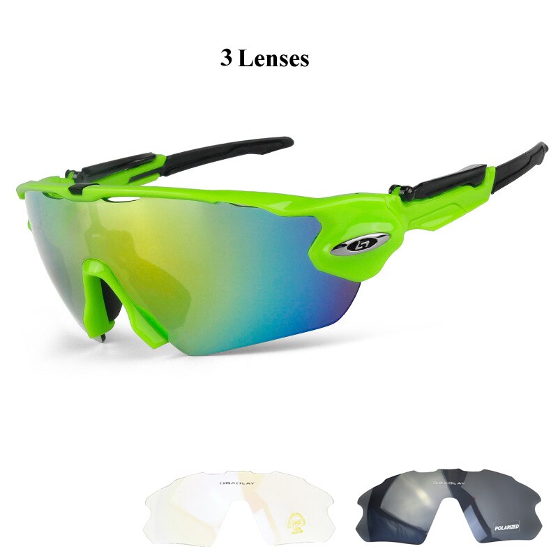 Hombre gafas de ciclismo polarizadas gafas de sol de ciclismo gafas de bicicleta MTB gafas deportivas de bicicleta con marco de miopía: Green 3 Lenses
