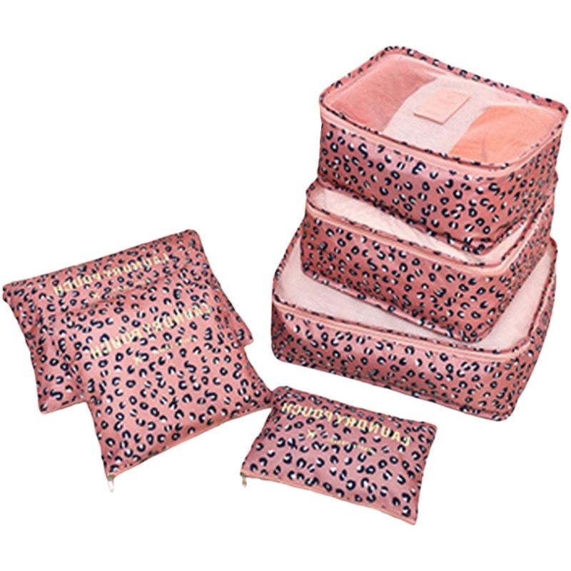 6 Pcs Set Large Capacity Travel Storage Bag with Reinforced Zipper Duvets Sheets Y5JC: Pink Leopard Print