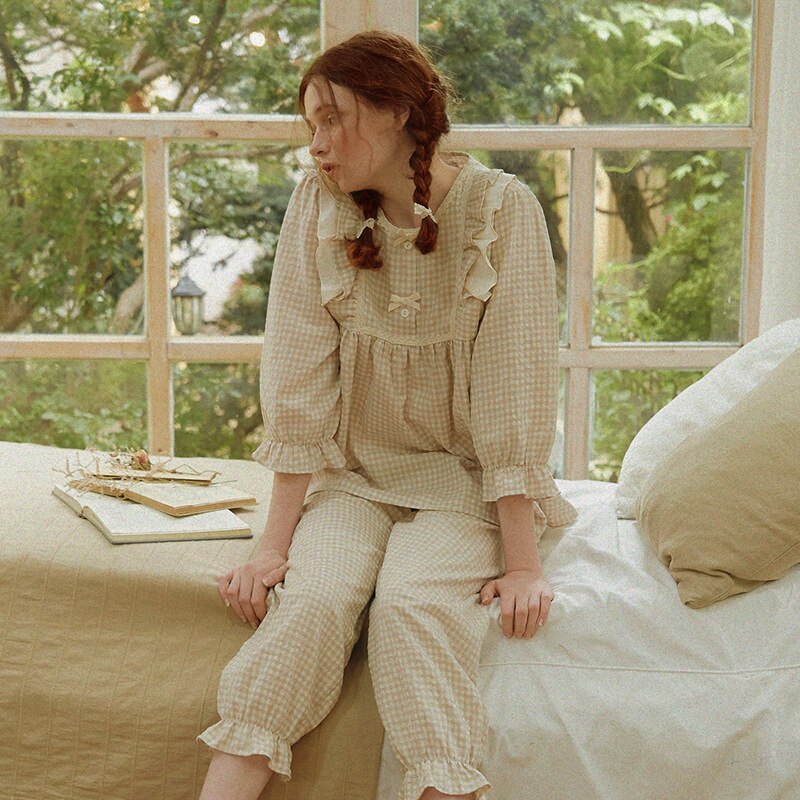 Vintage Cotton Women's Pajamas Sets Long Sleeve Ankel-length Girls Plaid Nightwear Spring Summer Loose Sleepwear Suits