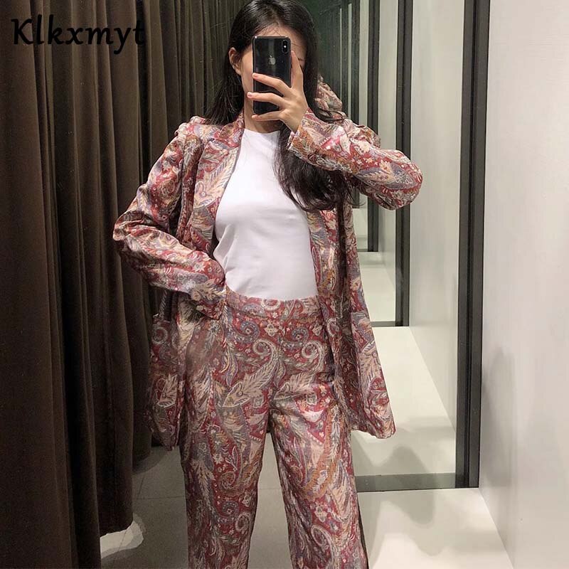 Klkxmyt sæt i to dele kvinder england kontortøj vintage print blazere kvinder jakker toppe sashes bukser bukser dame sæt