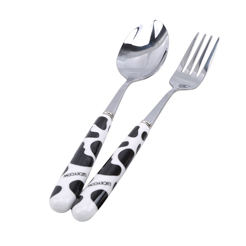 cartone animato mucca bambini cucchiaio Chopstick impostato bambino alimentazione cucchiaio inossidabile acciaio bambini mangiare utensili bambino piccolo bambino Flatware accessorio: 2pezzi nero