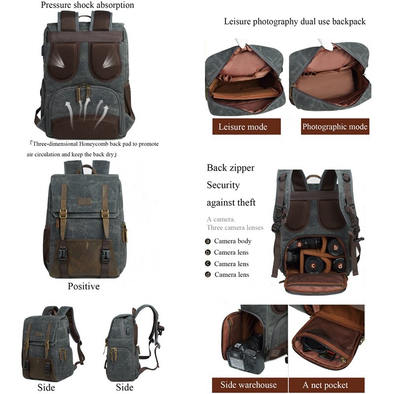 Vanntett lerret digital slr-kamera-ryggsekk 15.6- tommers usb-frakt til kameralinser og bærbare datamaskiner (grå)