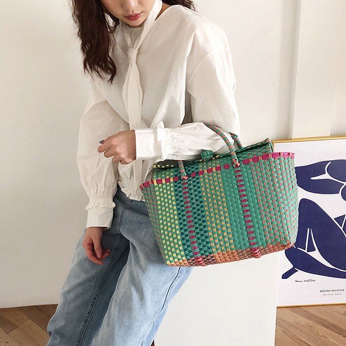 Mand Pp Strap Weave Emmer Polsbandjes Vintage Mori Meisje Handtas Picknick Tas Strandtas Ladylike Hoge Capaciteit Boodschappentas