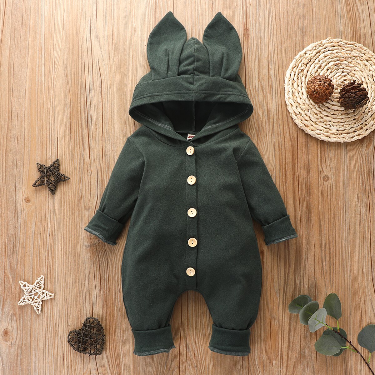 Herbst Winter neugeborenen Baby strampler mit hasenohren, langen ärmeln, niedlicher kapuzenpullover, einfarbig, jungen mädchen: Armeegrün / 6m