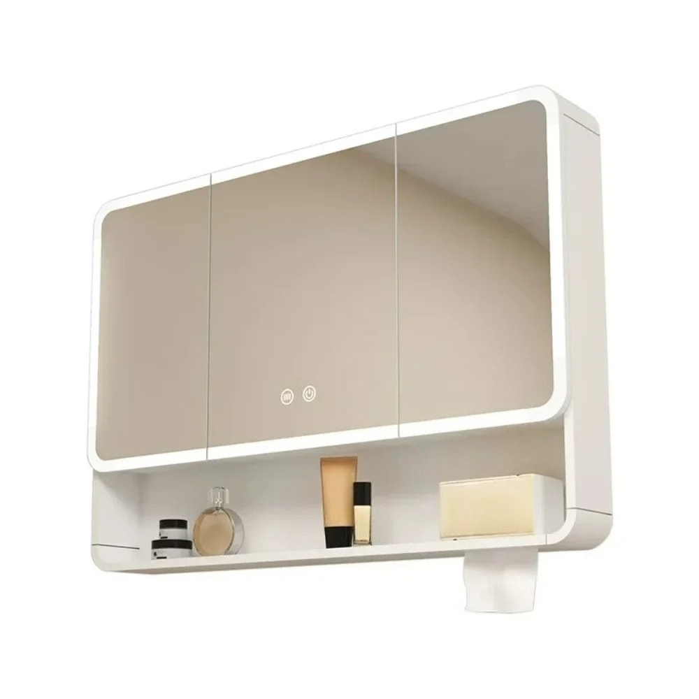 LED Bathroom Mirror Cabinet Anti Fog Wall Mounted Storage Mirror Carbon Fiber Rounded Corner Makeup Mirror
