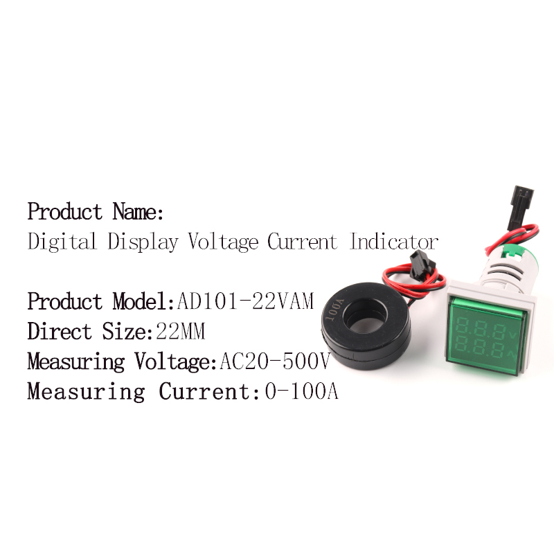 22mm okrągły kwadrat podwójna lampa doprowadziło wskaźnik pilot LightDigital woltomierz amperomierz 0-100A wzmacniacz napięcie wolt miernik testowy AC 20-500V: VAM kwadrat zielony