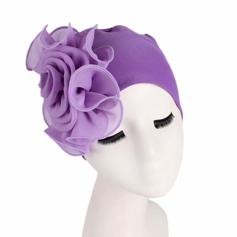 Vrouw Mooie Bloem Tulband Elastische Doek Hoofd Cap Hoed Moslim Vrouwen Hijaabs Dames Haar Accessoires Sjaal Cap: Paars