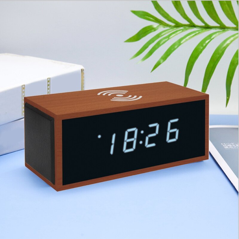 Wooden Alarm Clock with Bluetooth Speaker LED Digital Clock Wireless Charging Mobile Phone Wooden Thermometer Clock