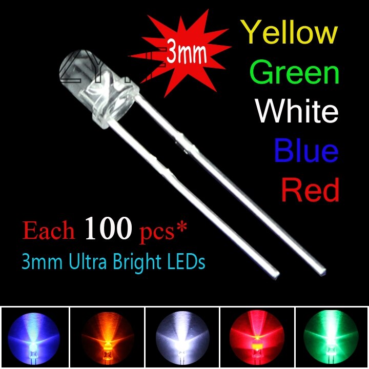 500 stk / lot 3mm rundt vand klart rød / grøn / blå / gul / hvid vand klart led lys lampe kombination emballagesæt