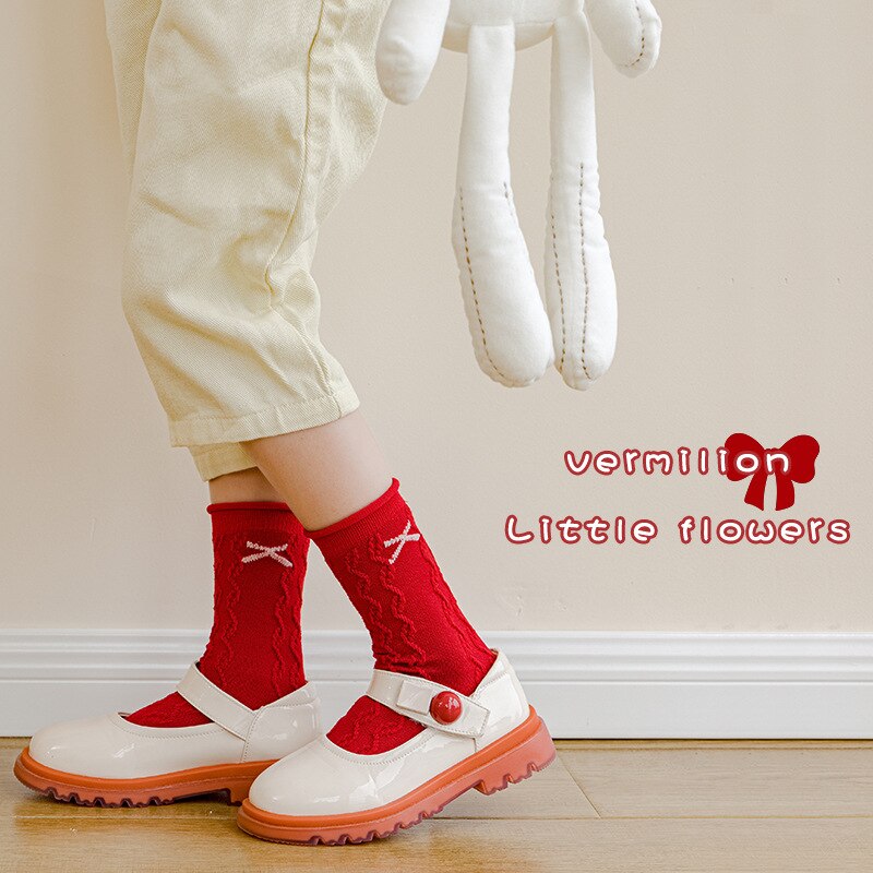 Calzini per bambini calze a forma di fiocco con motivo a fiori calze di pizzo rosse calze per studentesse stivali per neonati Kinder Socken