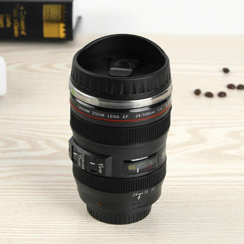 350mL caméra tasse à café lentille forme café thé tasse avec couvercle en acier inoxydable vide flacons isolation thermique tasse
